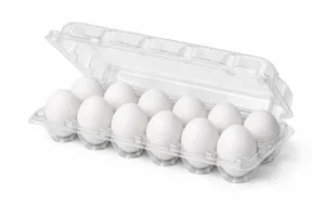 Thermoformed clamshell egg carton for one dozen eggs
