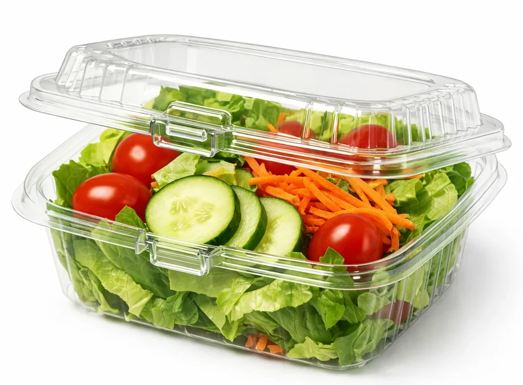 Thermoformed PET clamshell container for salads