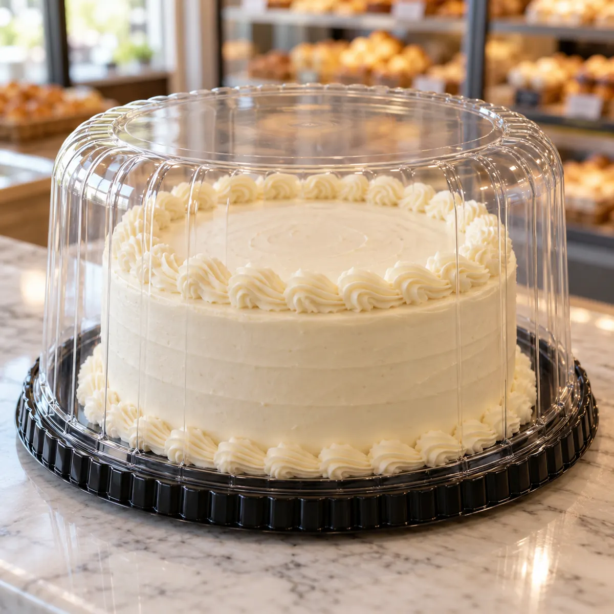 Clear thermoformed cake dome with black base