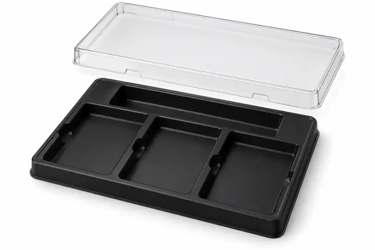 Base negra con tapa transparente para juguetes