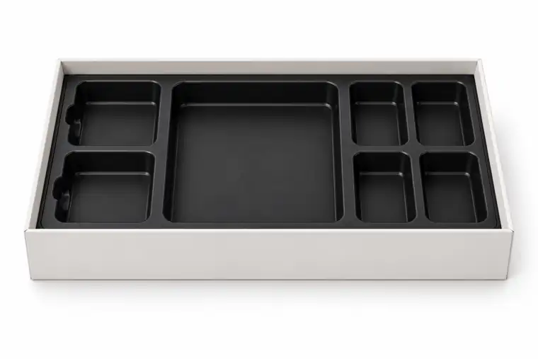 Inserto termoformado negro con compartimentos dentro de caja para juguetes