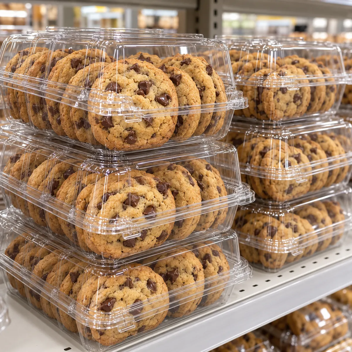 Clear thermoformed PET clamshells with cookies on a store shelf