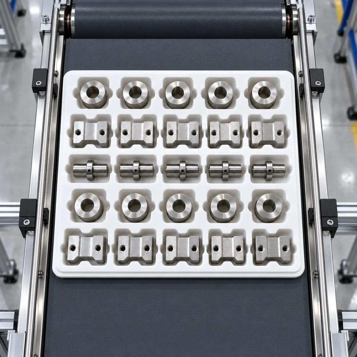 Thermoformed WIP tray holding machined metal parts